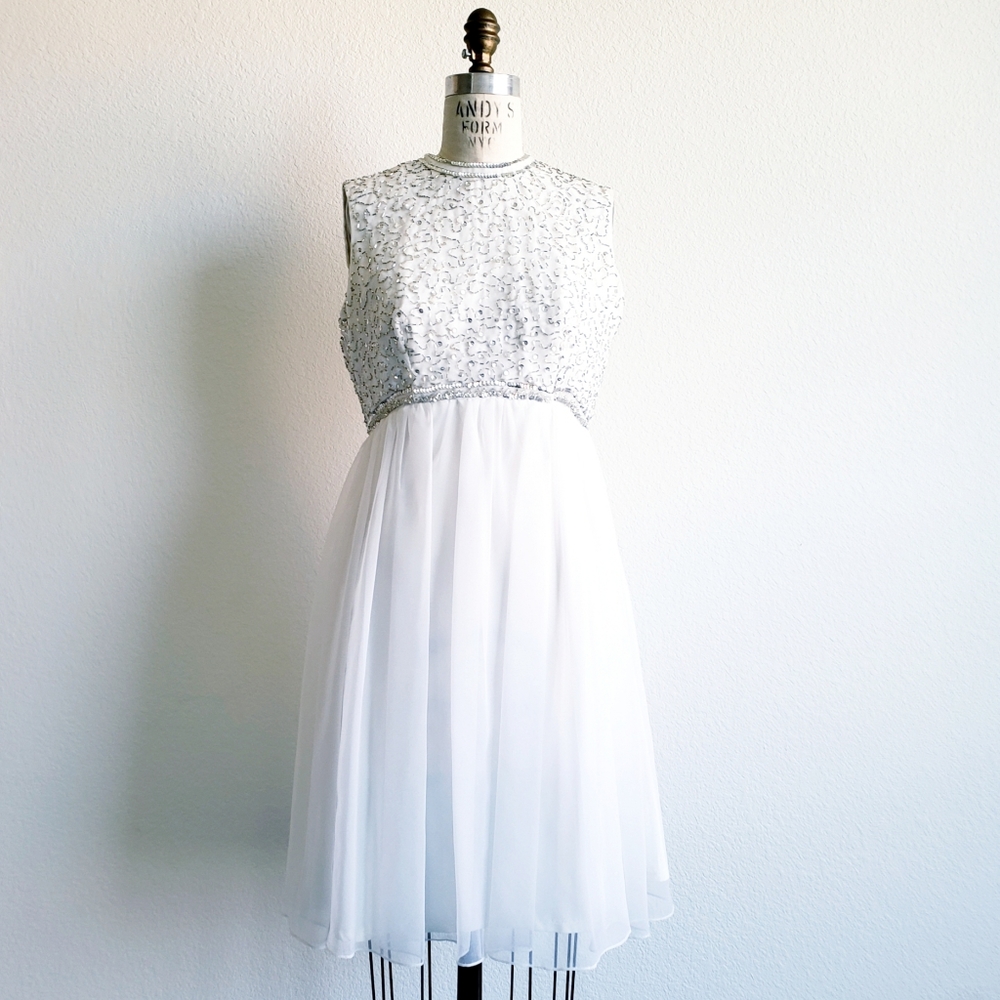 Vintage 60s Beaded White Chiffon Mod Dress